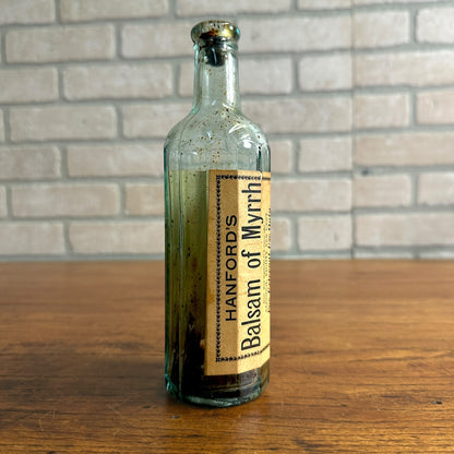 Antique HANFORD'S BALSAM OF MYRRH Pharmacy MEDICAL BOTTLE W/ LABEL Medicine