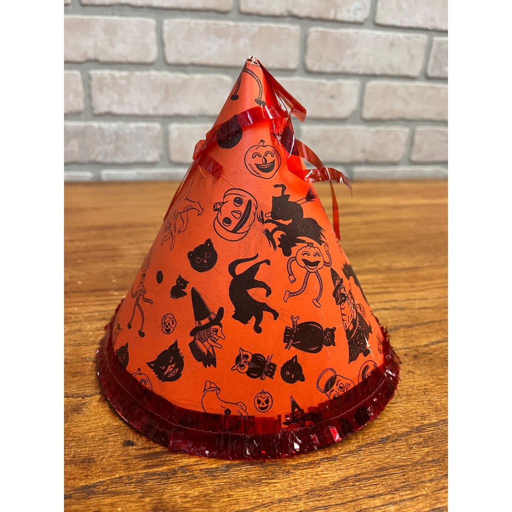 Vintage 1960s Halloween Party Hat Cardboard Litho - Japan - Witch Owl Black Cat