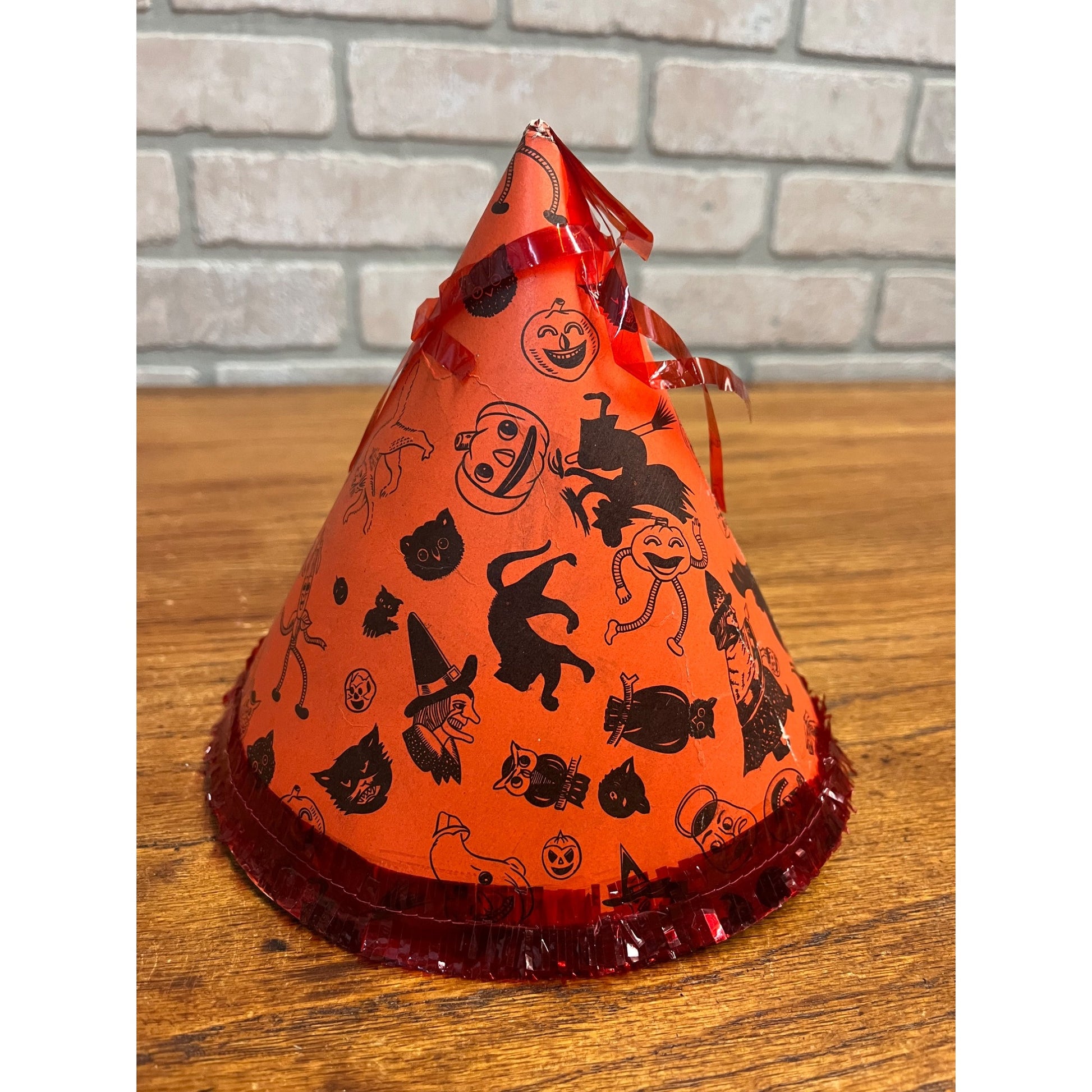 Vintage 1960s Halloween Party Hat Cardboard Litho - Japan - Witch Owl Black Cat
