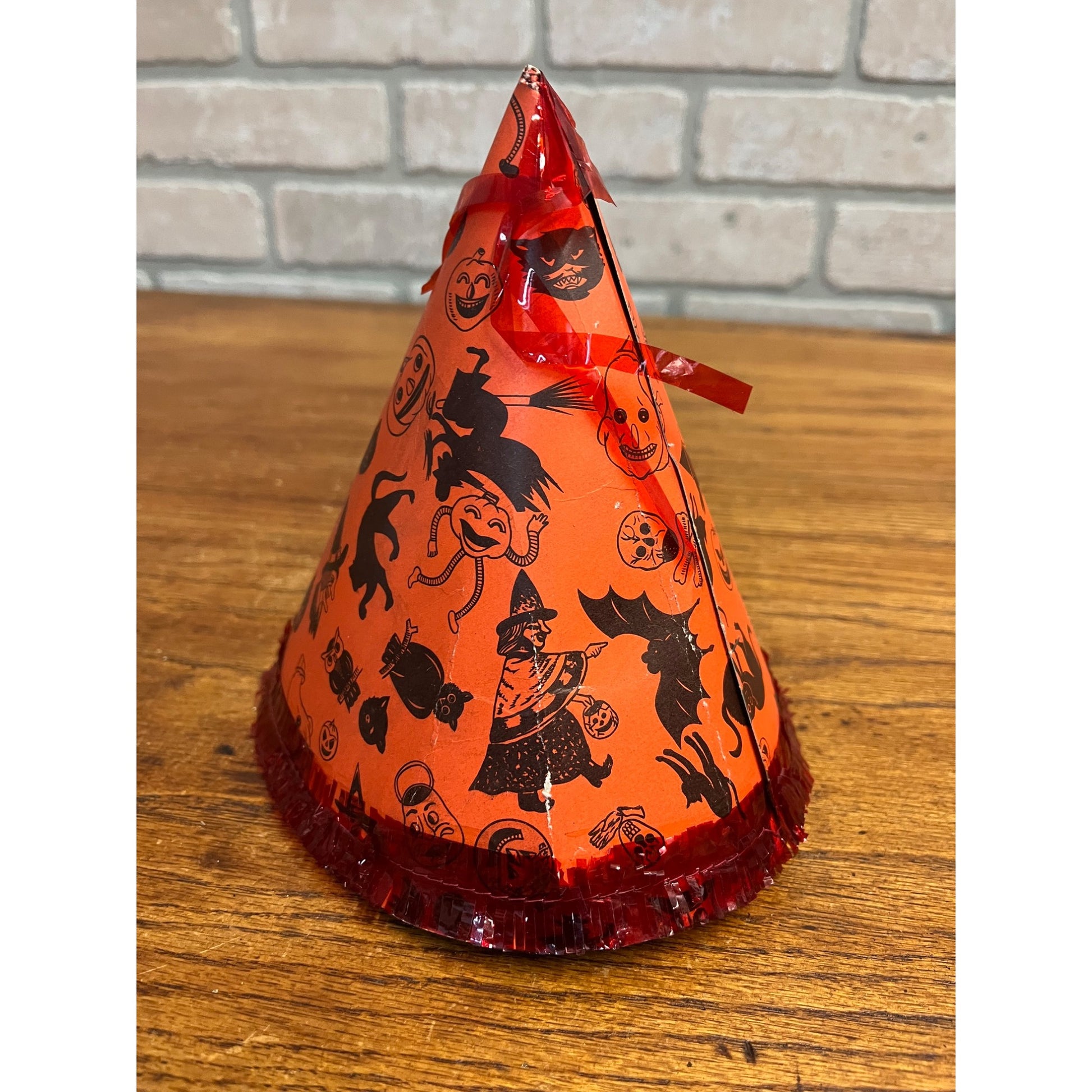 Vintage 1960s Halloween Party Hat Cardboard Litho - Japan - Witch Owl Black Cat