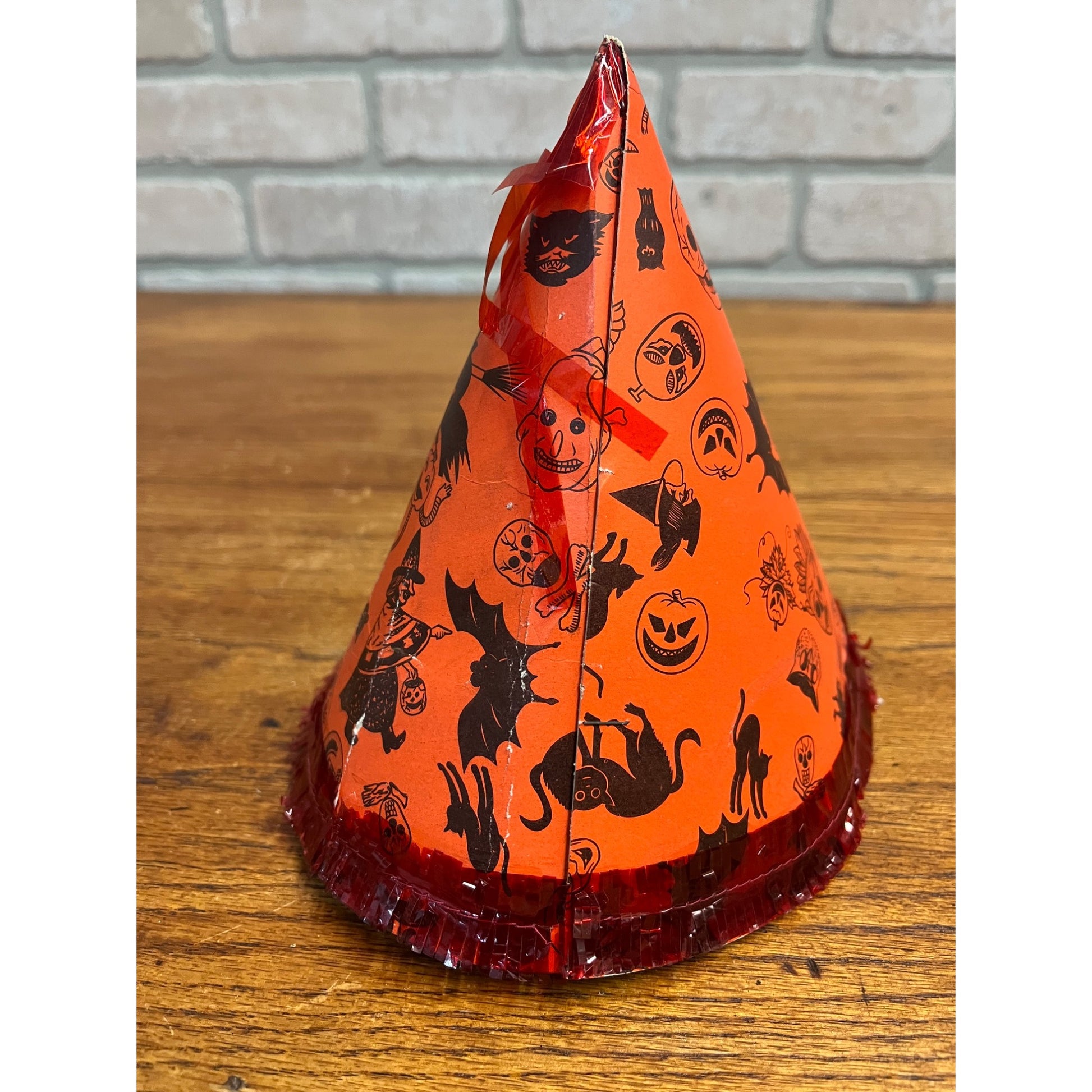 Vintage 1960s Halloween Party Hat Cardboard Litho - Japan - Witch Owl Black Cat