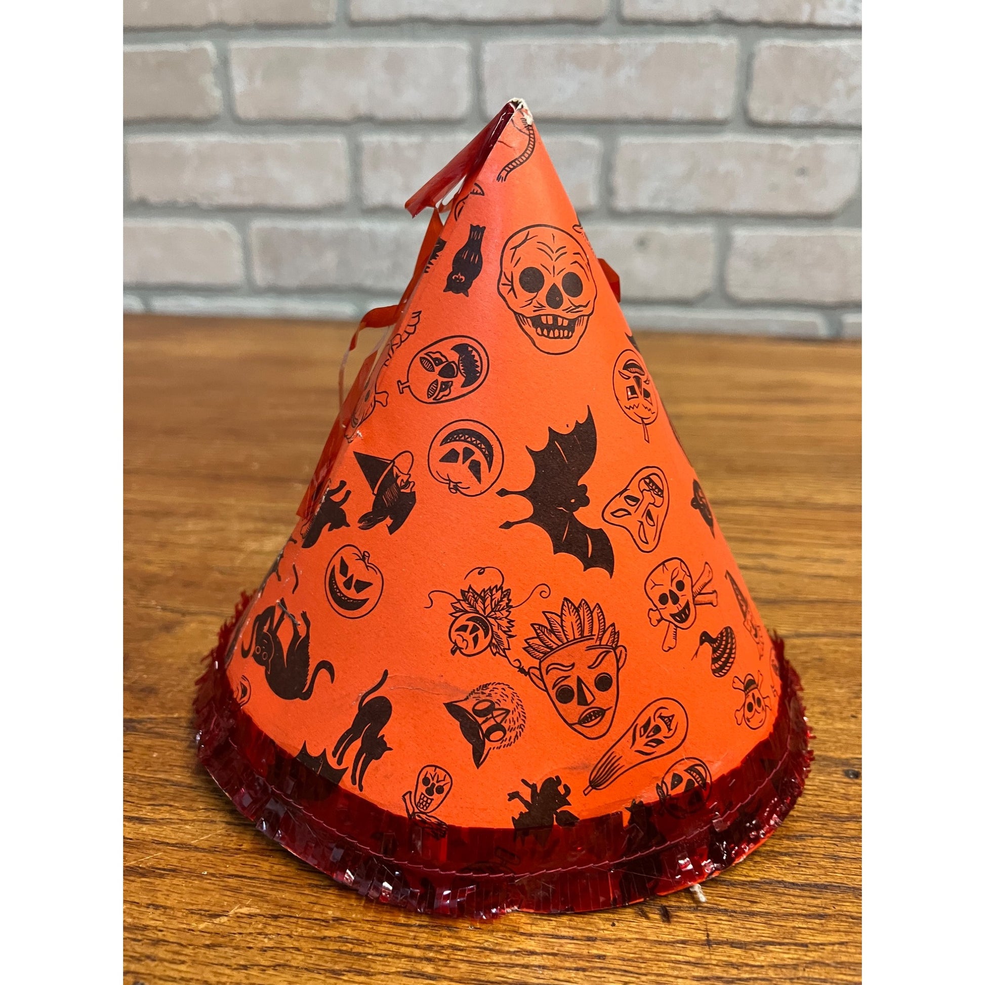 Vintage 1960s Halloween Party Hat Cardboard Litho - Japan - Witch Owl Black Cat