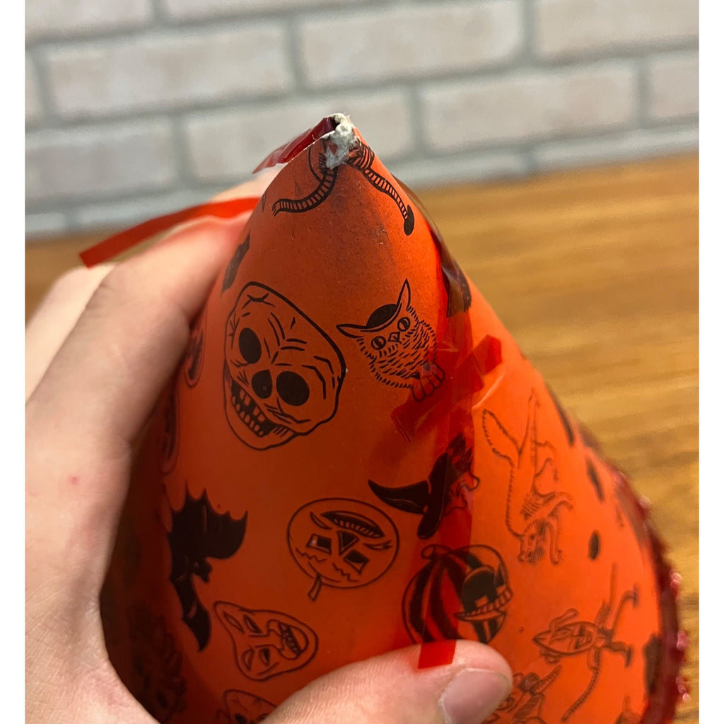 Vintage 1960s Halloween Party Hat Cardboard Litho - Japan - Witch Owl Black Cat