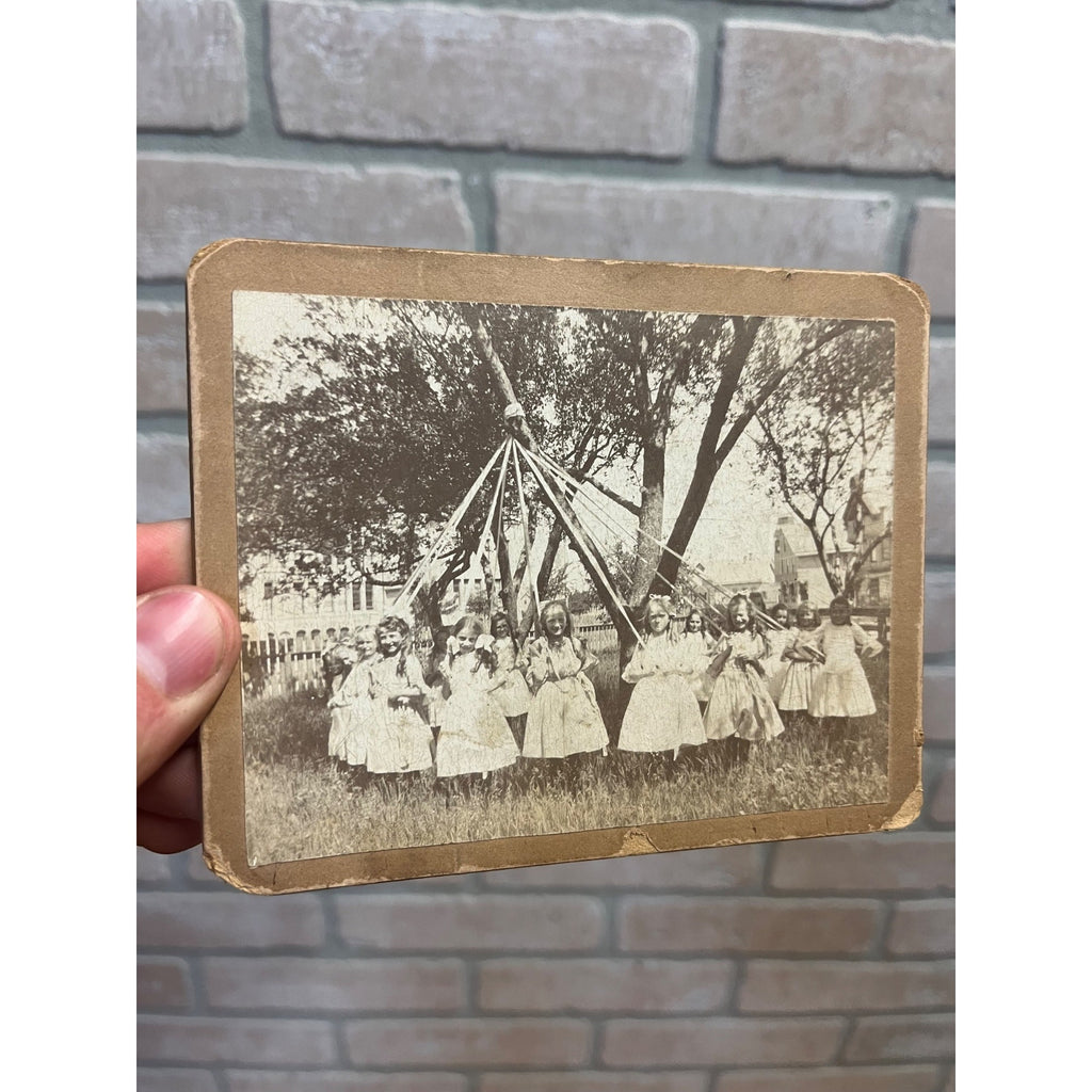 Antique Victorian School Girls Maypole Dance Yard Photograph Cabinet Card Mount