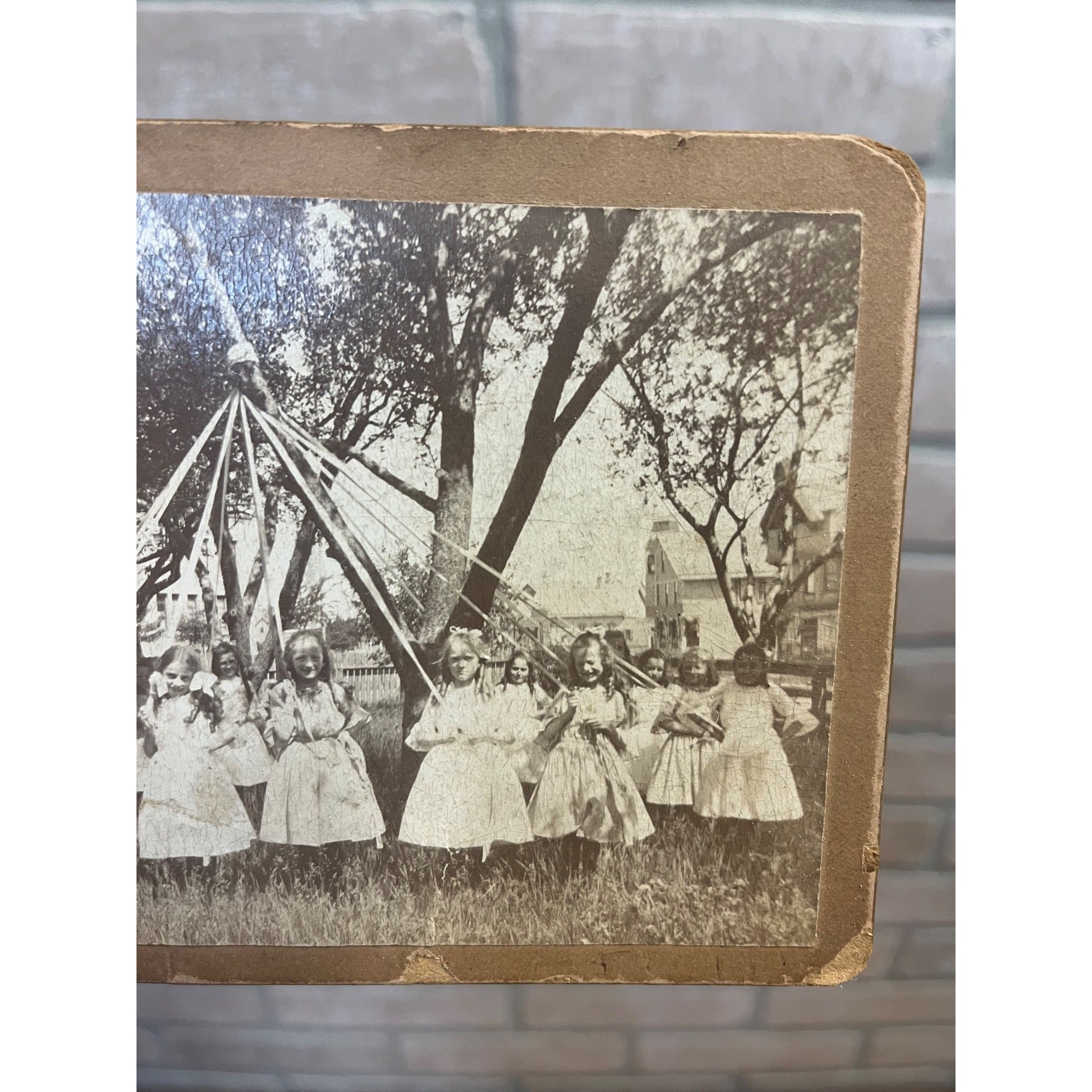 Antique Victorian School Girls Maypole Dance Yard Photograph Cabinet Card Mount