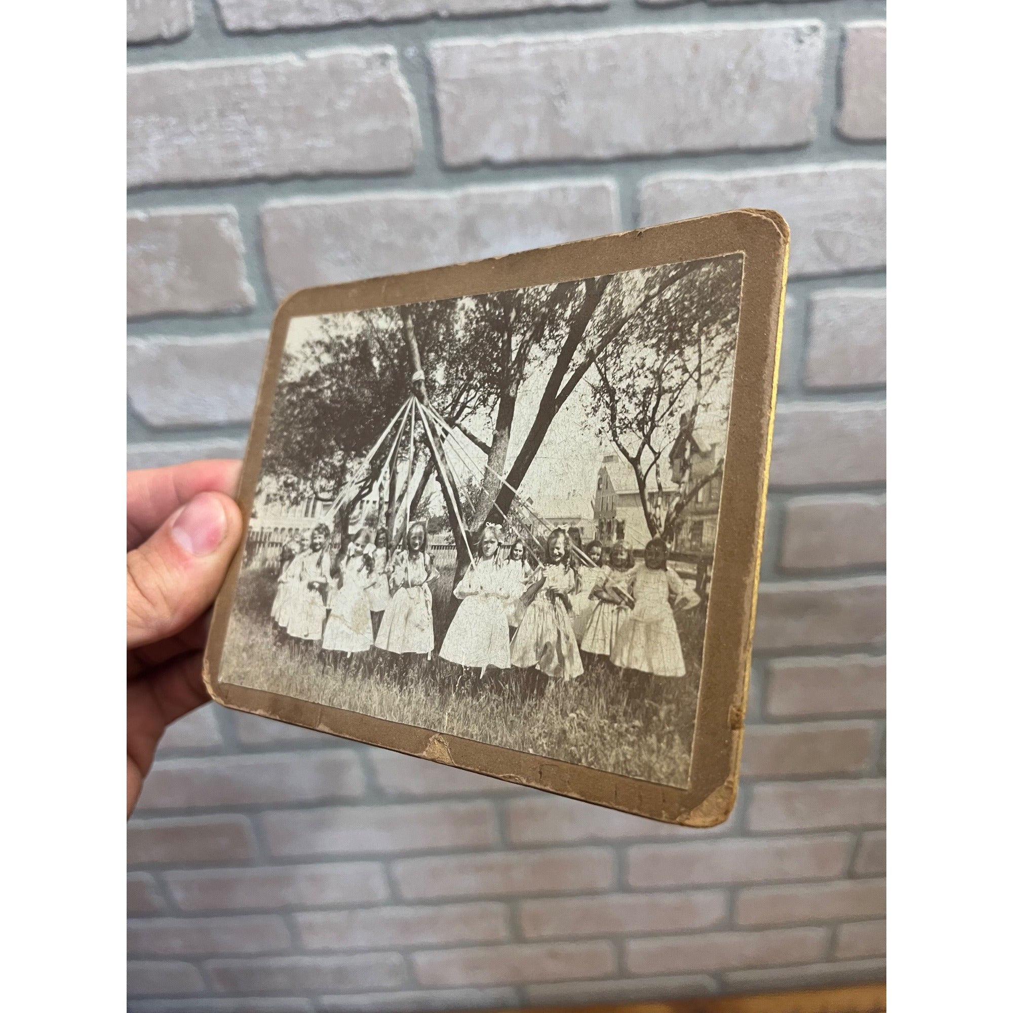 Antique Victorian School Girls Maypole Dance Yard Photograph Cabinet Card Mount
