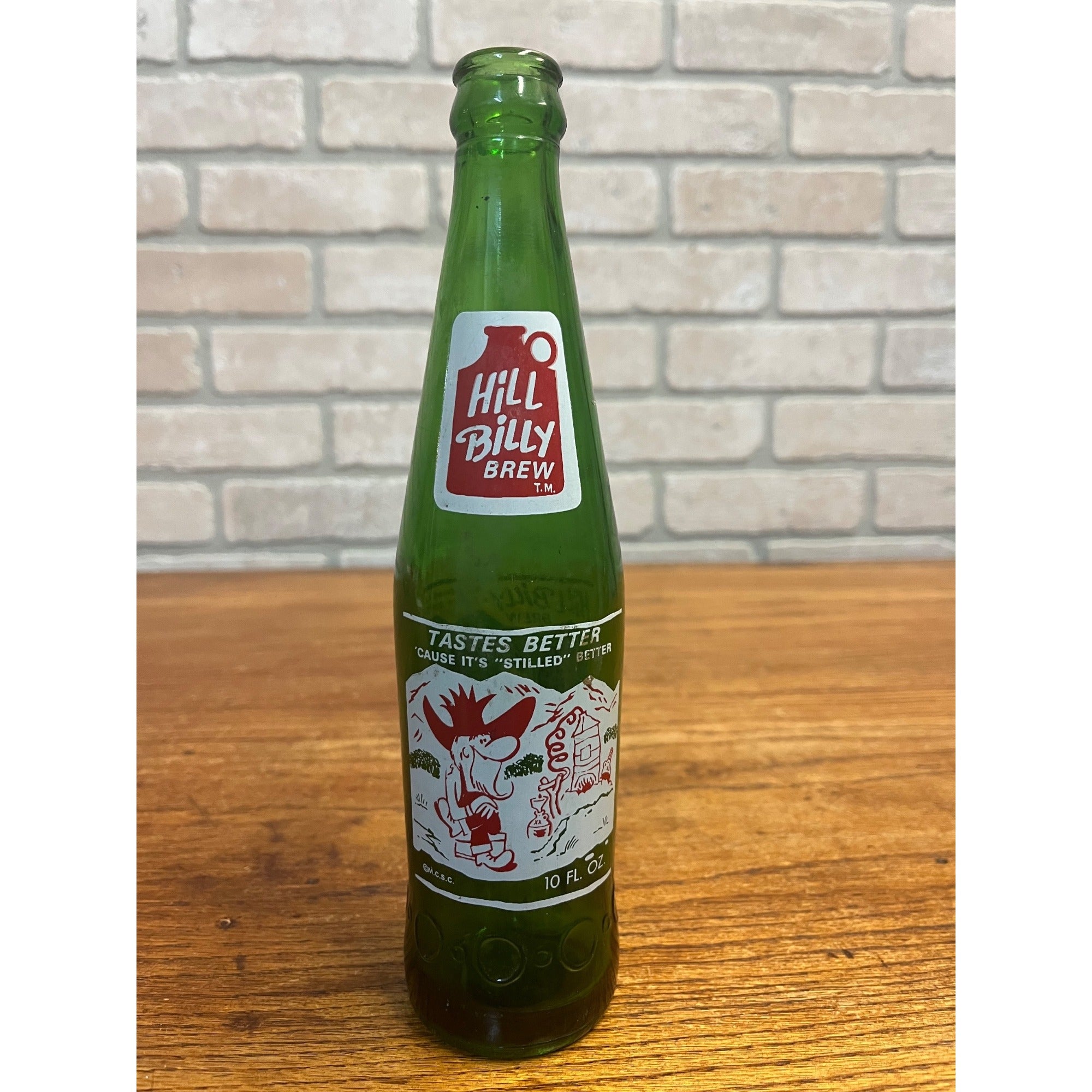 Hill Billy Brew  'Lil Brown Jug;  M.C.S.C., 1960s ACL Soda Pop Bottle Green