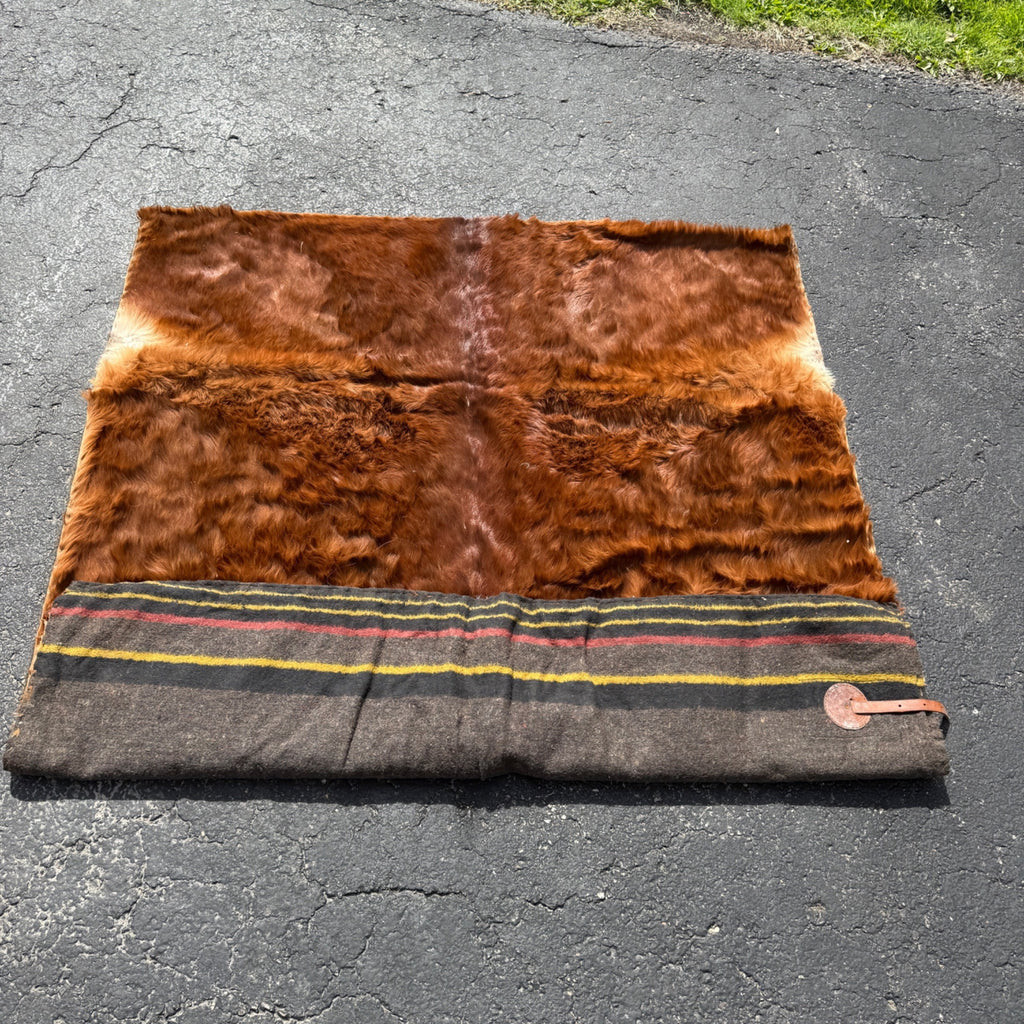Antique 19th c Primitive Horse Buggy Sleigh Blanket Genuine Cowhide & Wool HEAVY