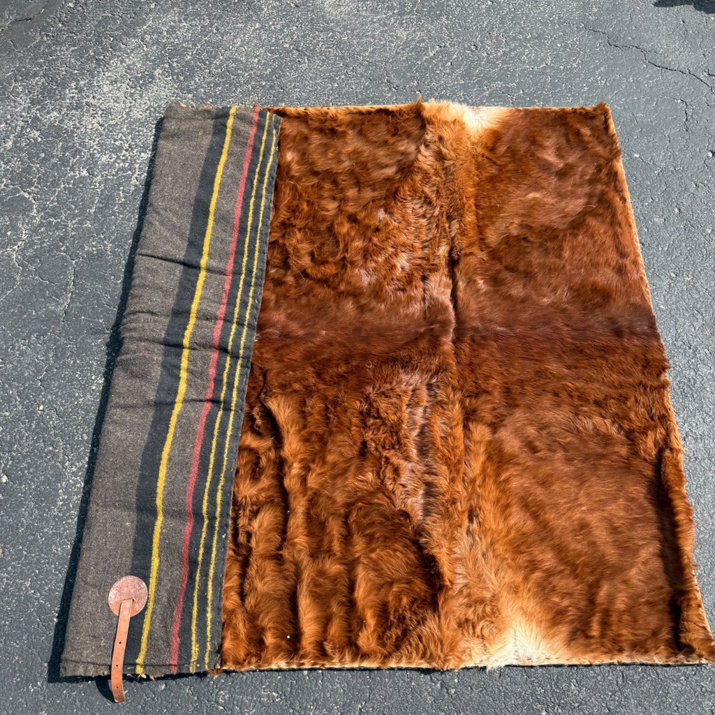 Antique 19th c Primitive Horse Buggy Sleigh Blanket Genuine Cowhide & Wool HEAVY