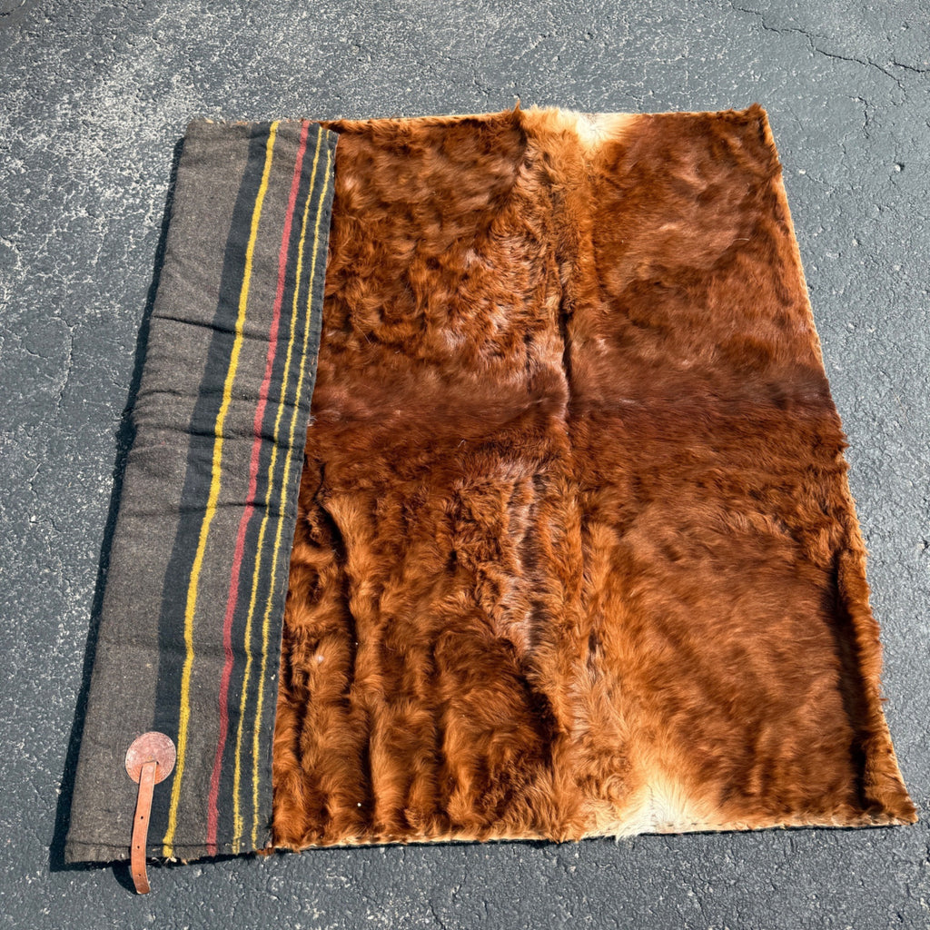 Antique 19th c Primitive Horse Buggy Sleigh Blanket Genuine Cowhide & Wool HEAVY