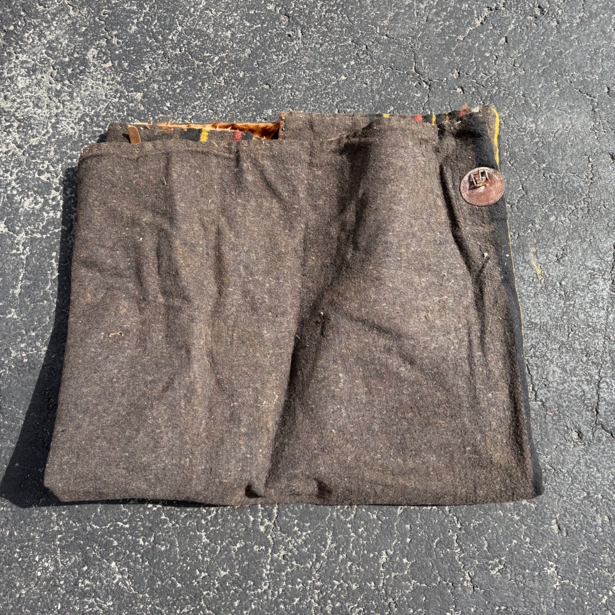 Antique 19th c Primitive Horse Buggy Sleigh Blanket Genuine Cowhide & Wool HEAVY