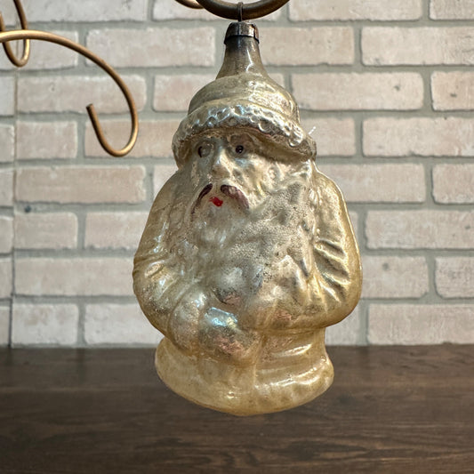 Antique German Glass White Santa Claus w/ Tree Ornament Christmas 3-1/2"