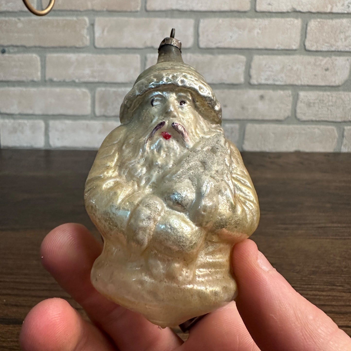 Antique German Glass White Santa Claus w/ Tree Ornament Christmas 3-1/2"