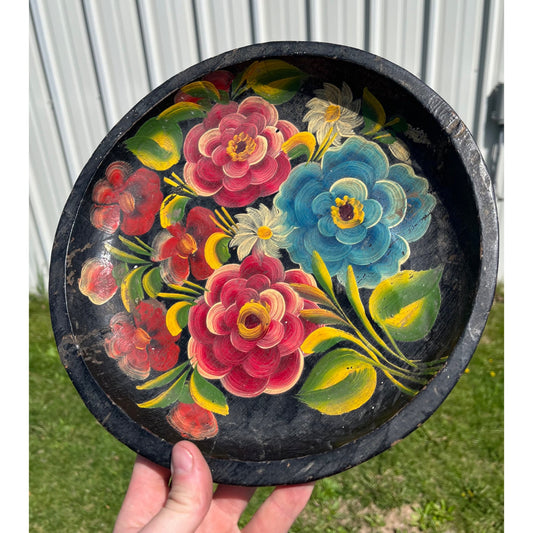 Vintage Painted Wood Plate/Bowl BATEA Carved Folk Art Floral Tray 60s Era Mexico