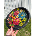 Vintage Painted Wood Plate/Bowl BATEA Carved Folk Art Floral Tray 60s Era Mexico