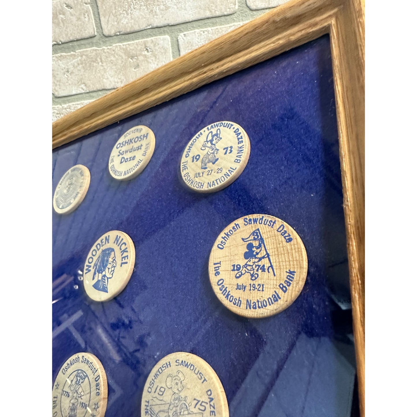 Vintage 1973-79 Oshkosh Wis Sawdust Daze Wooden Nickle Tokens Framed Collection