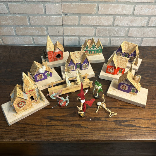 Vintage Mid Century Christmas Set of 8 Village Mica Putz Houses w/ Box