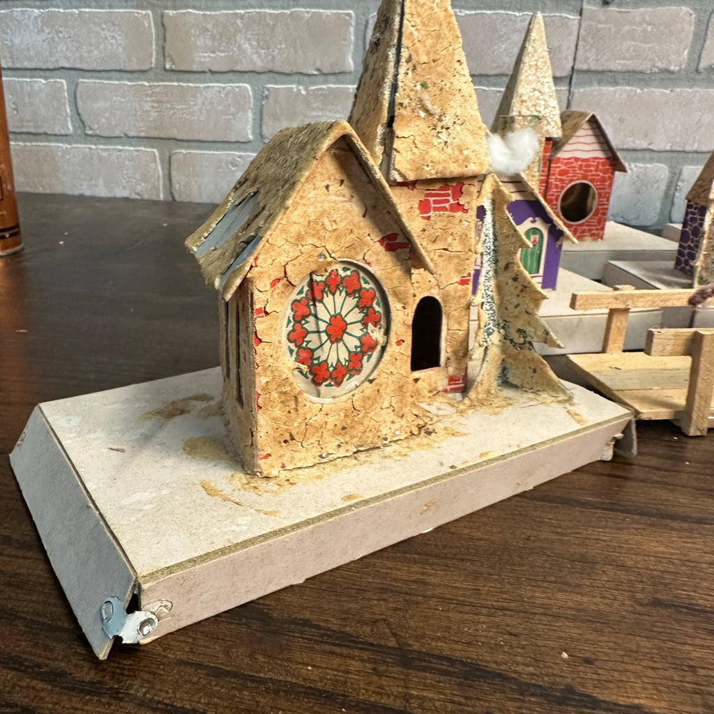 Vintage Mid Century Christmas Set of 8 Village Mica Putz Houses w/ Box