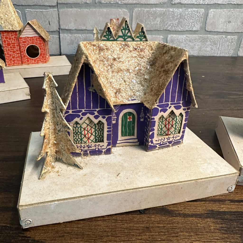 Vintage Mid Century Christmas Set of 8 Village Mica Putz Houses w/ Box
