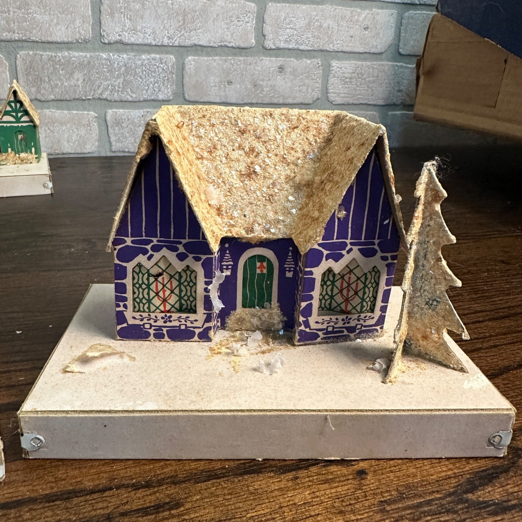 Vintage Mid Century Christmas Set of 8 Village Mica Putz Houses w/ Box
