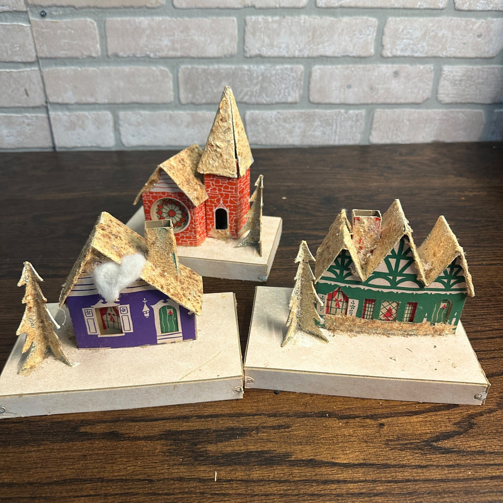 Vintage Mid Century Christmas Set of 8 Village Mica Putz Houses w/ Box
