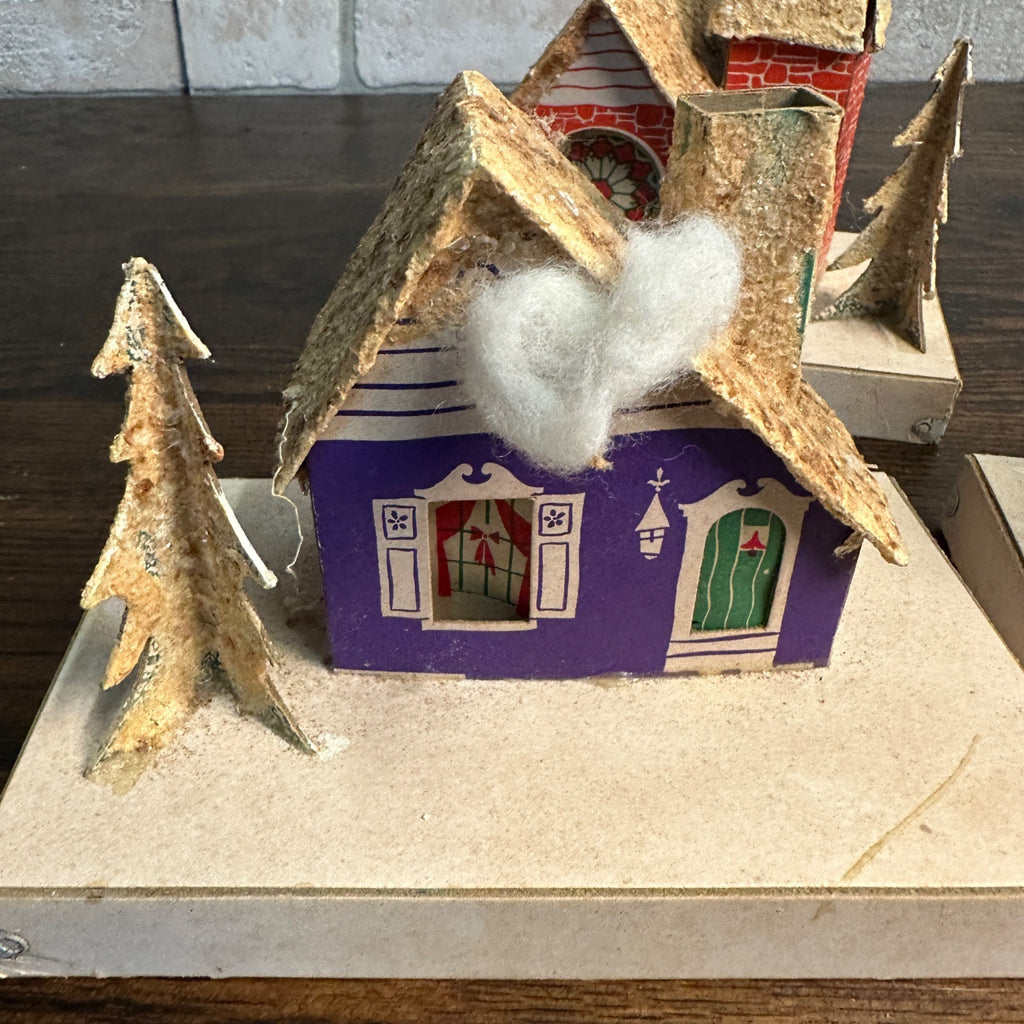 Vintage Mid Century Christmas Set of 8 Village Mica Putz Houses w/ Box