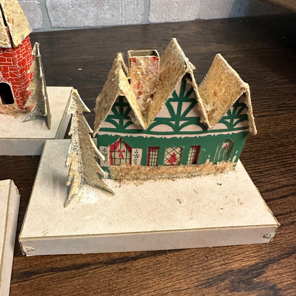 Vintage Mid Century Christmas Set of 8 Village Mica Putz Houses w/ Box