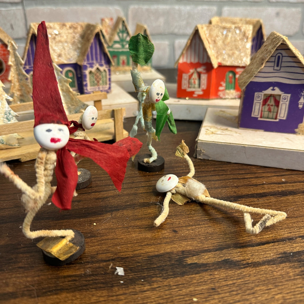 Vintage Mid Century Christmas Set of 8 Village Mica Putz Houses w/ Box