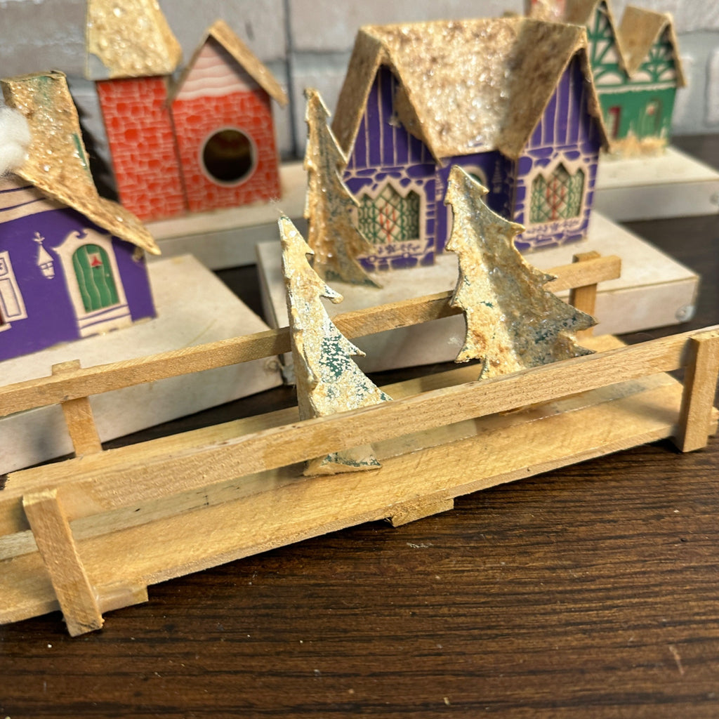 Vintage Mid Century Christmas Set of 8 Village Mica Putz Houses w/ Box