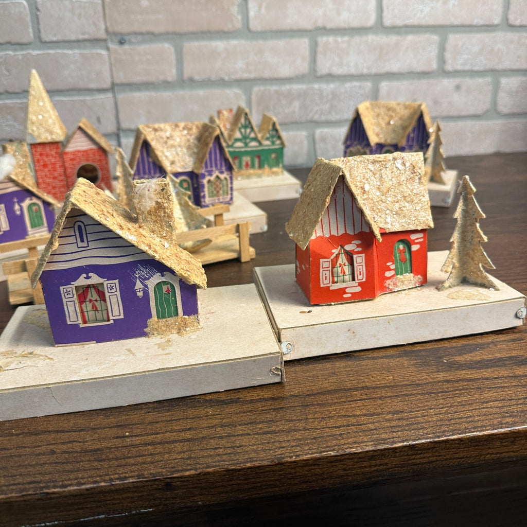 Vintage Mid Century Christmas Set of 8 Village Mica Putz Houses w/ Box