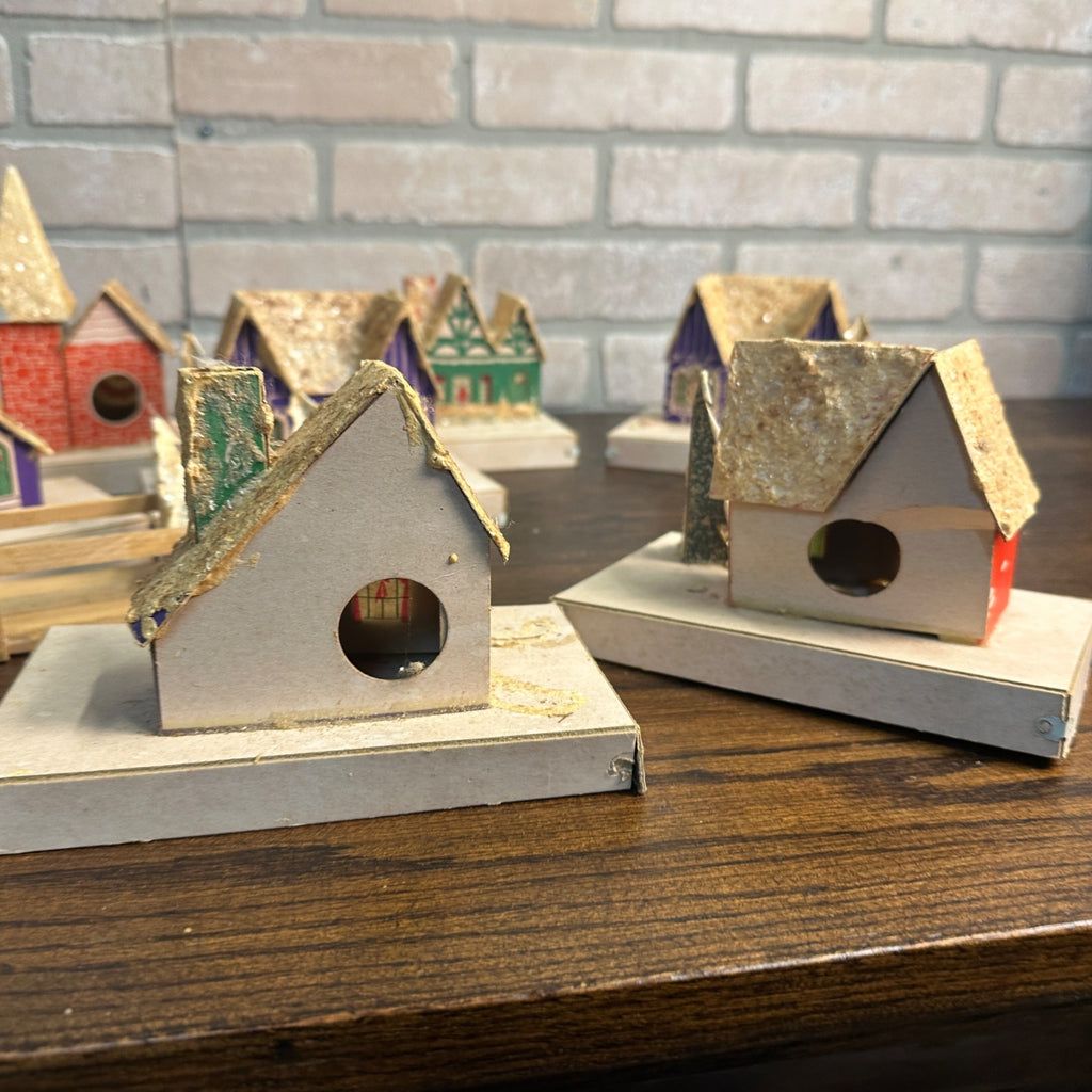 Vintage Mid Century Christmas Set of 8 Village Mica Putz Houses w/ Box