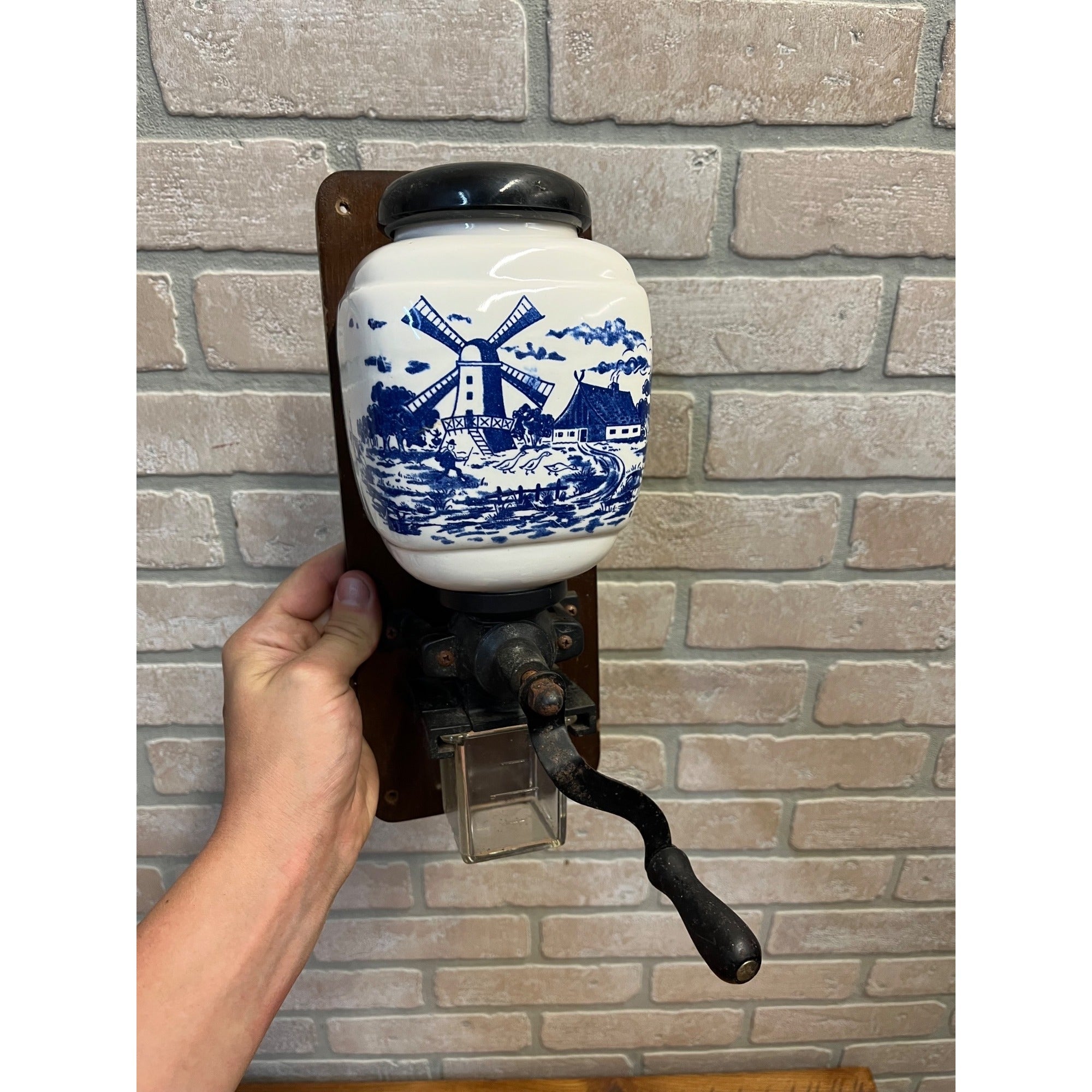 Vintage Dutch Delft Blue Wall Coffee Grinder Porcelain Windmill Scene