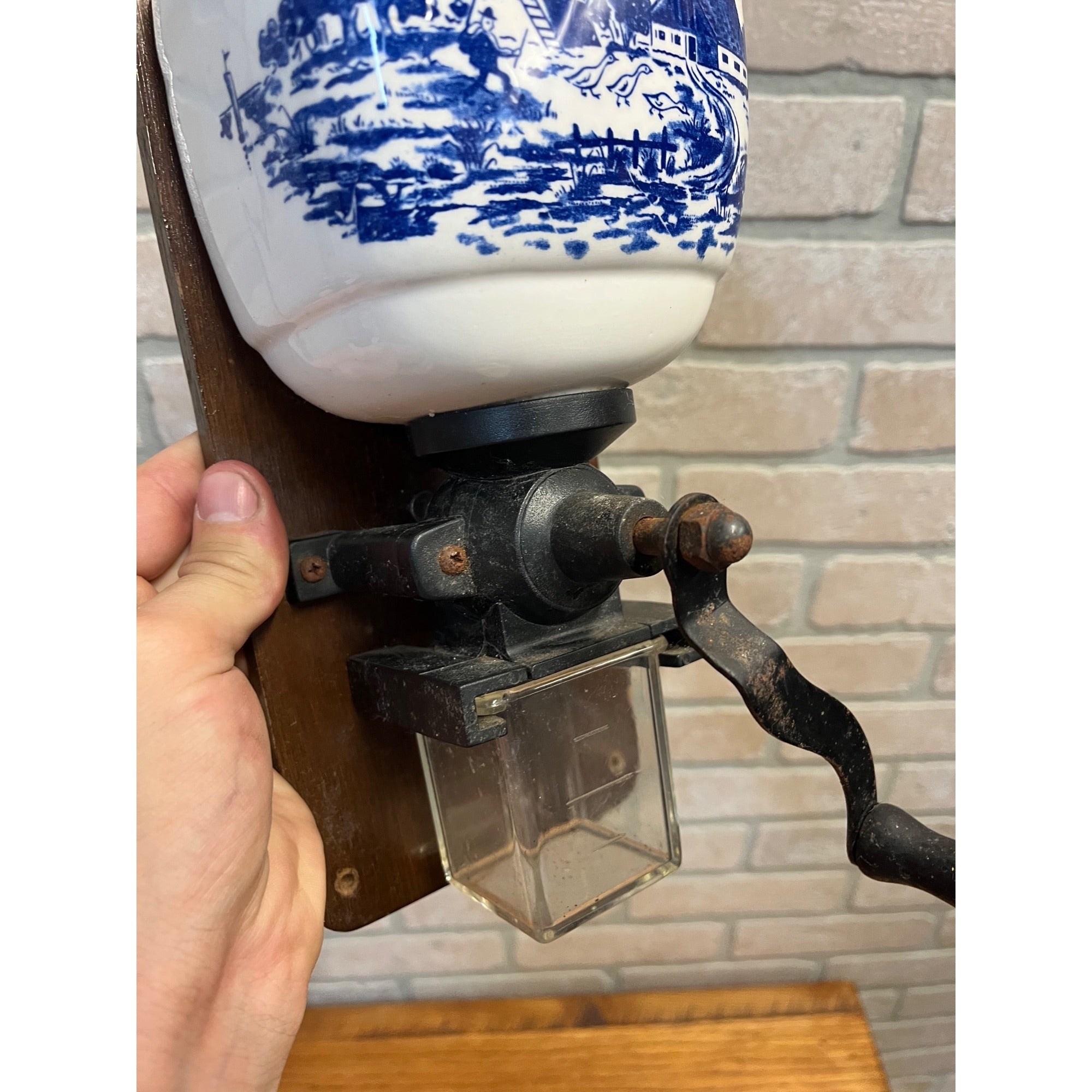 Vintage Dutch Delft Blue Wall Coffee Grinder Porcelain Windmill Scene
