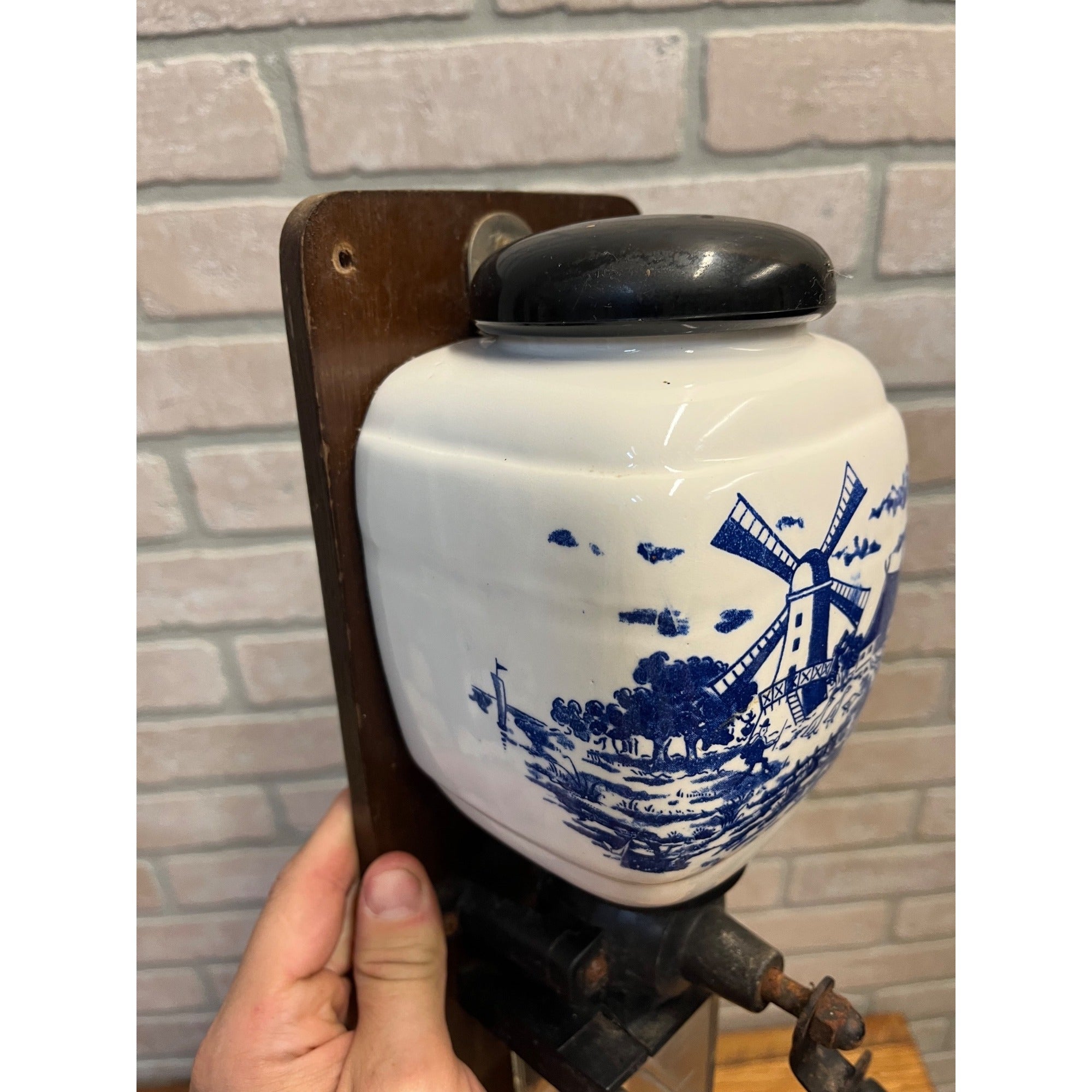 Vintage Dutch Delft Blue Wall Coffee Grinder Porcelain Windmill Scene