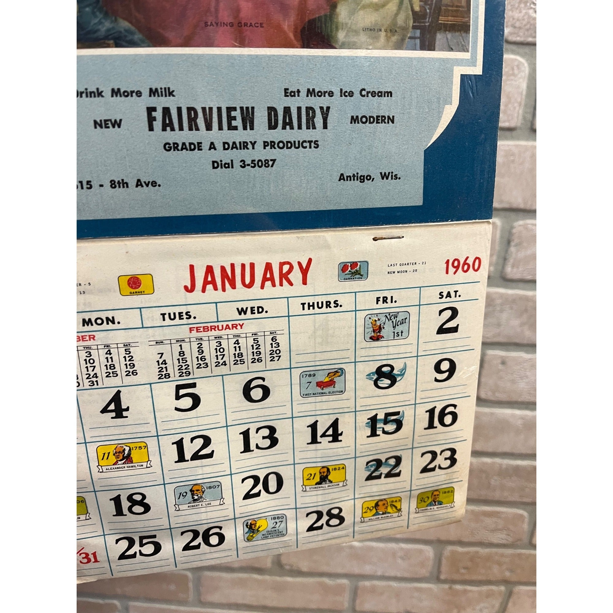 Vintage 1961 Fairwater Dairy Antigo Wisconsin Wis Advertising Calendar Sign