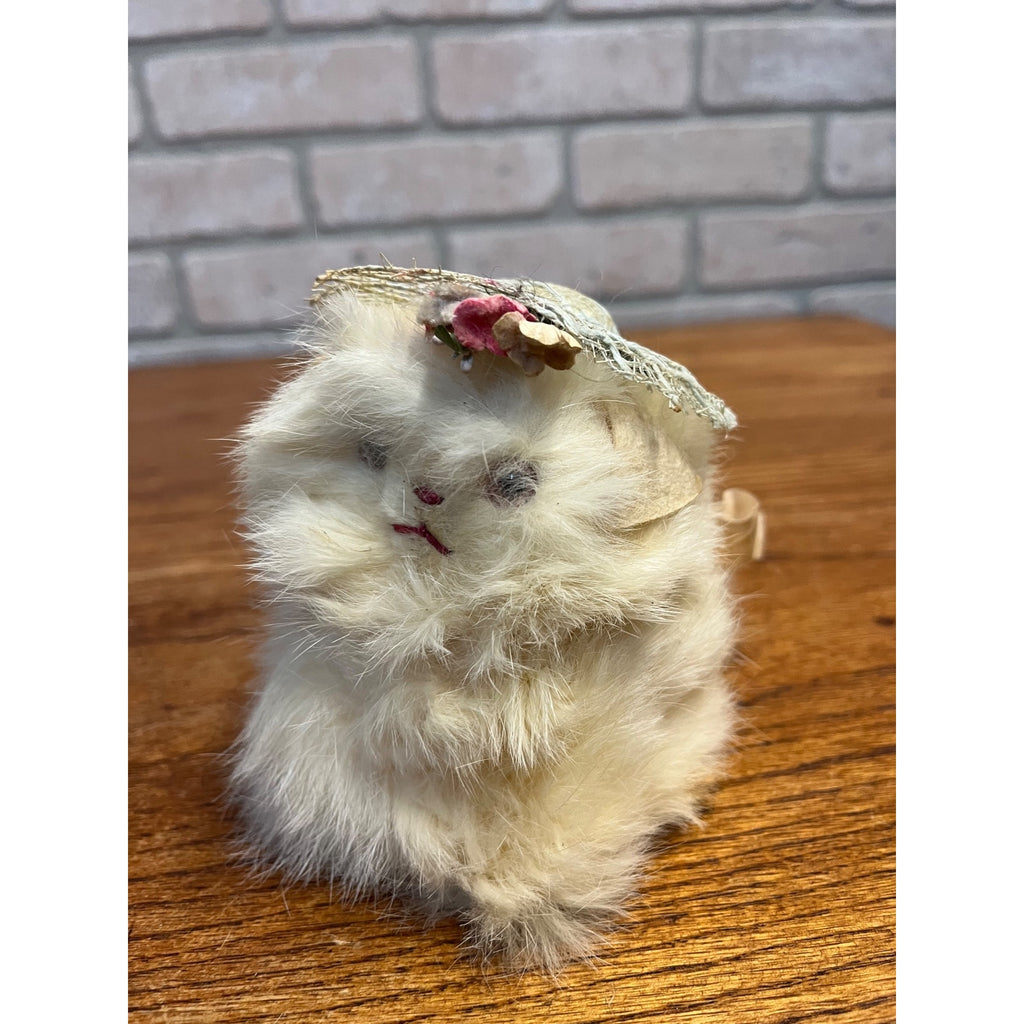 Vintage Jerry Elsner Real Fur Cuddly White Cat - No Tag - Blue Lace Floral Hat
