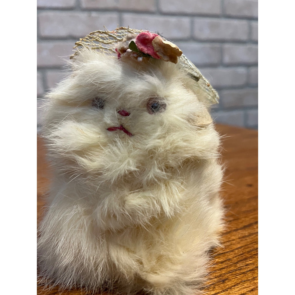 Vintage Jerry Elsner Real Fur Cuddly White Cat - No Tag - Blue Lace Floral Hat