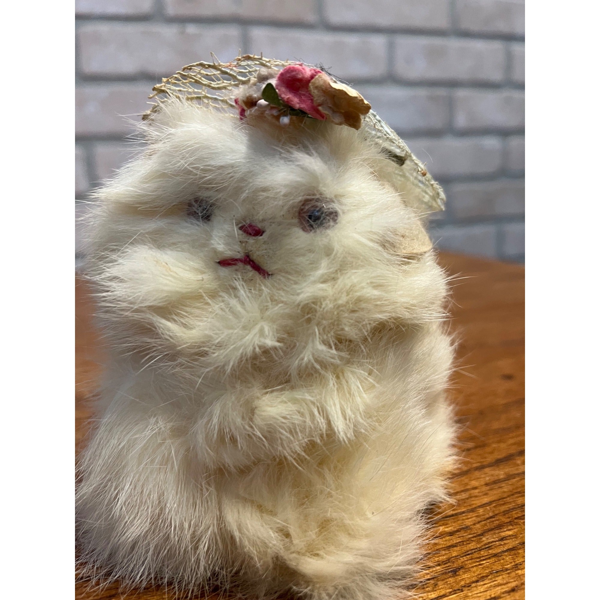 Vintage Jerry Elsner Real Fur Cuddly White Cat - No Tag - Blue Lace Floral Hat