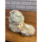 Vintage Jerry Elsner Real Fur Cuddly White Cat - No Tag - Blue Lace Floral Hat