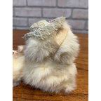 Vintage Jerry Elsner Real Fur Cuddly White Cat - No Tag - Blue Lace Floral Hat