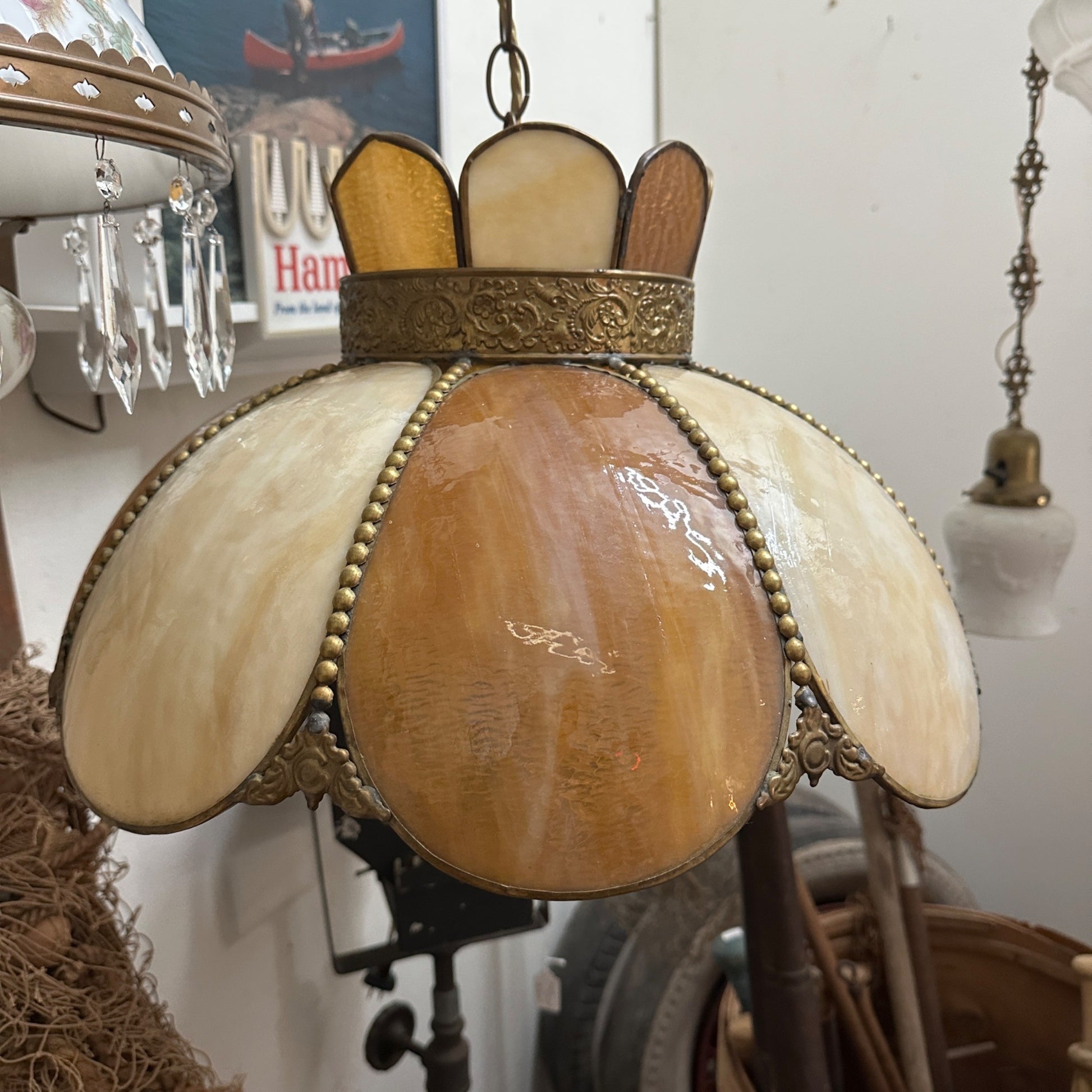 1930s Art Nouveau Honey Amber Slag Glass Light Fixture Chandelier Orange