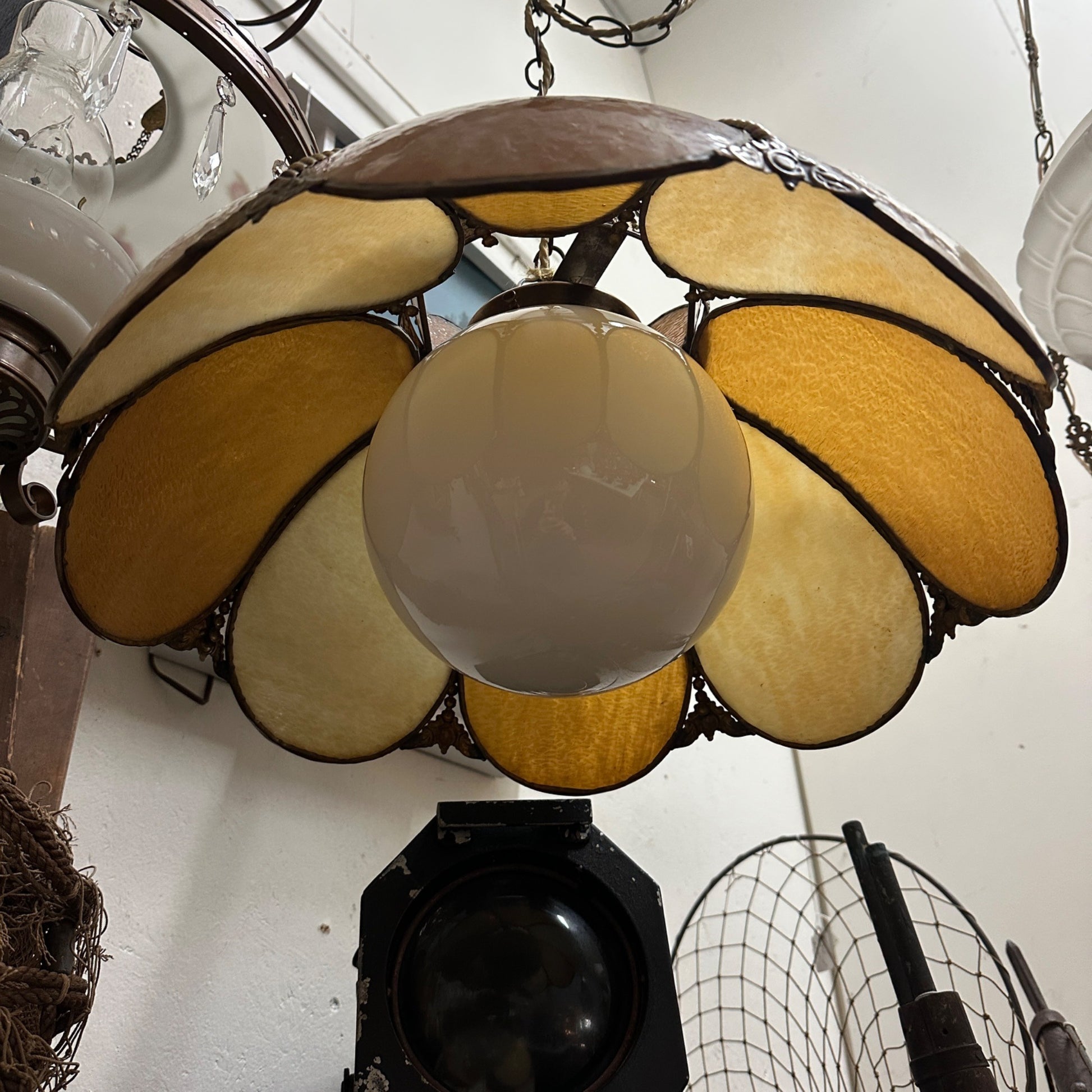 1930s Art Nouveau Honey Amber Slag Glass Light Fixture Chandelier Orange