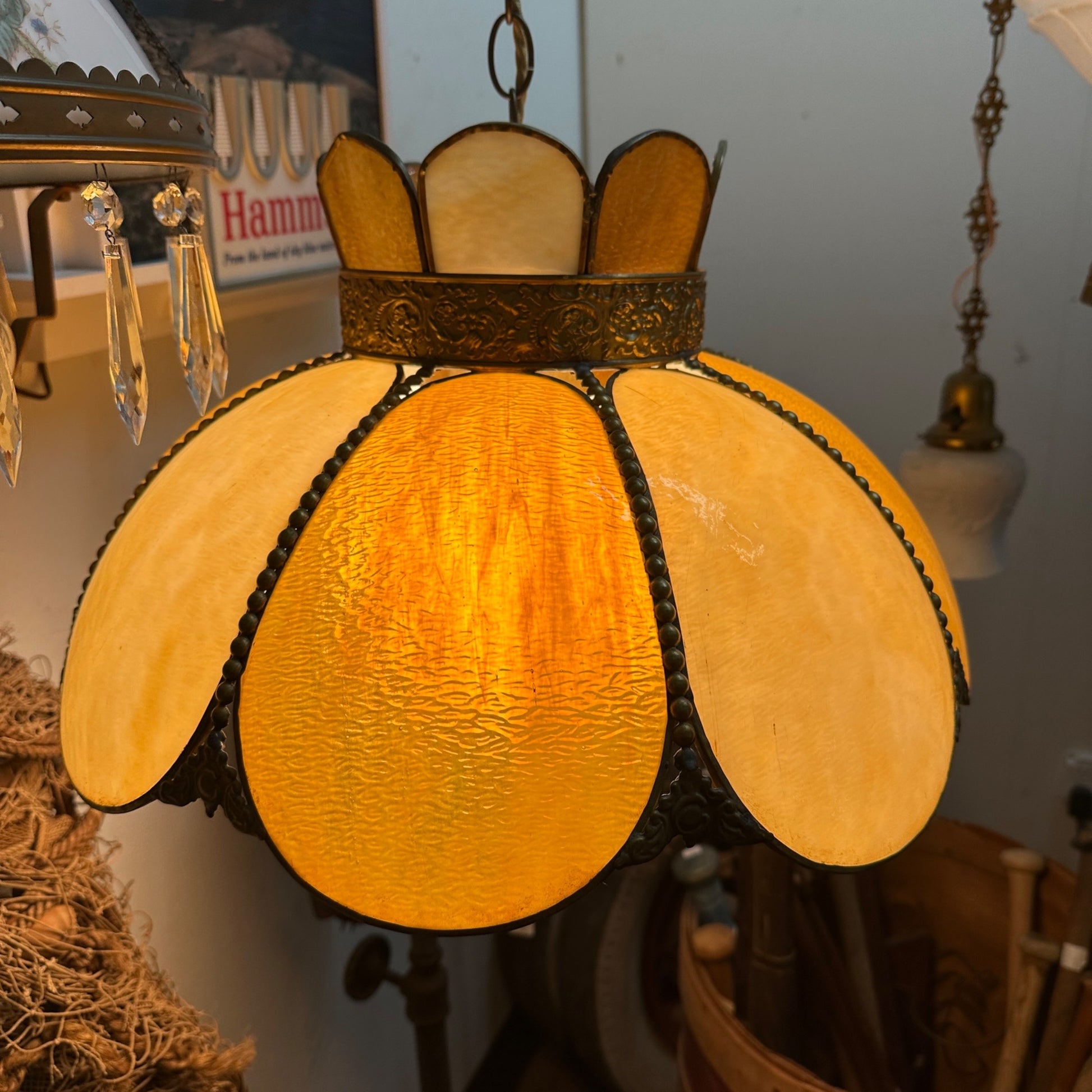 1930s Art Nouveau Honey Amber Slag Glass Light Fixture Chandelier Orange