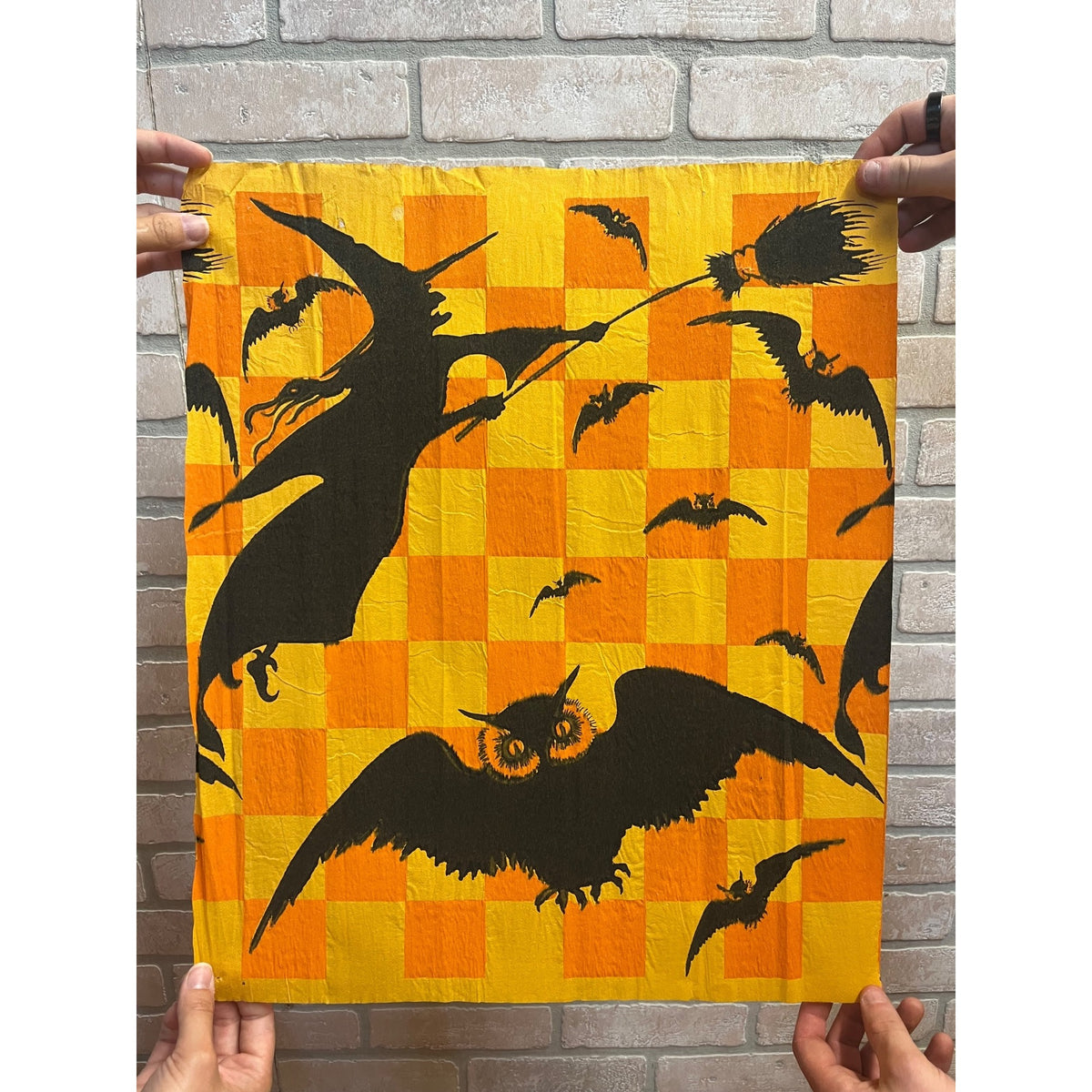 Vintage Halloween Crepe Paper Banner Panel Witch & Bats Checkerboard Dennison?