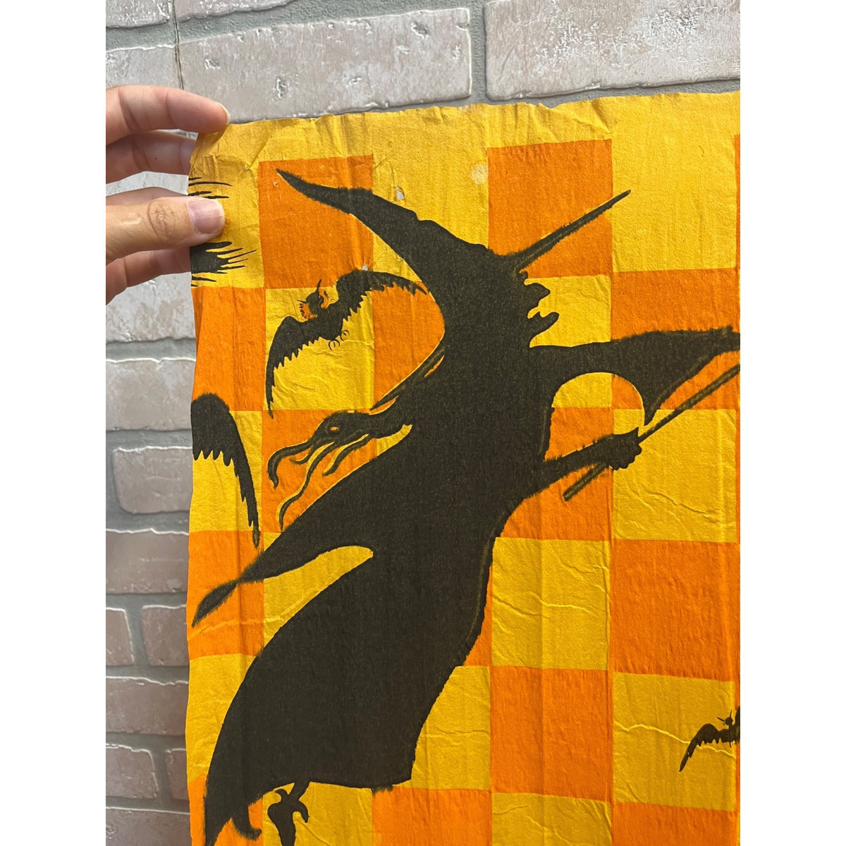 Vintage Halloween Crepe Paper Banner Panel Witch & Bats Checkerboard Dennison?