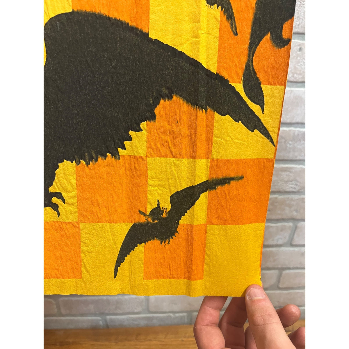 Vintage Halloween Crepe Paper Banner Panel Witch & Bats Checkerboard Dennison?