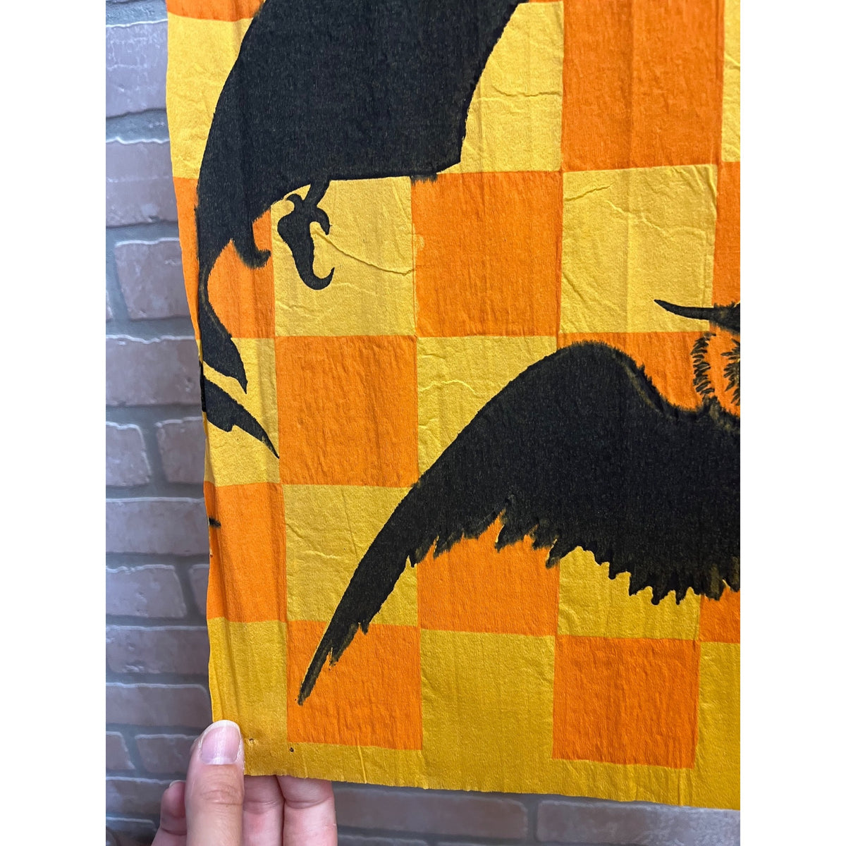 Vintage Halloween Crepe Paper Banner Panel Witch & Bats Checkerboard Dennison?