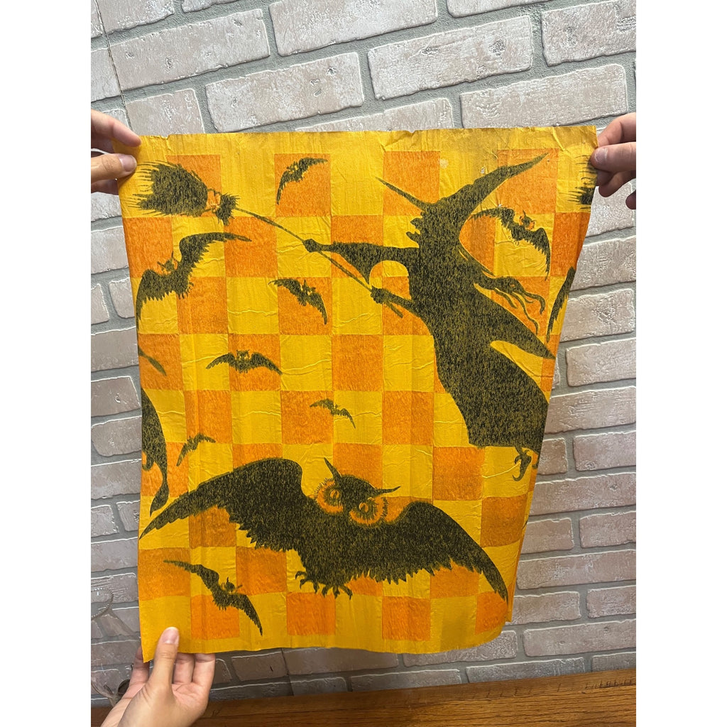 Vintage Halloween Crepe Paper Banner Panel Witch & Bats Checkerboard Dennison?