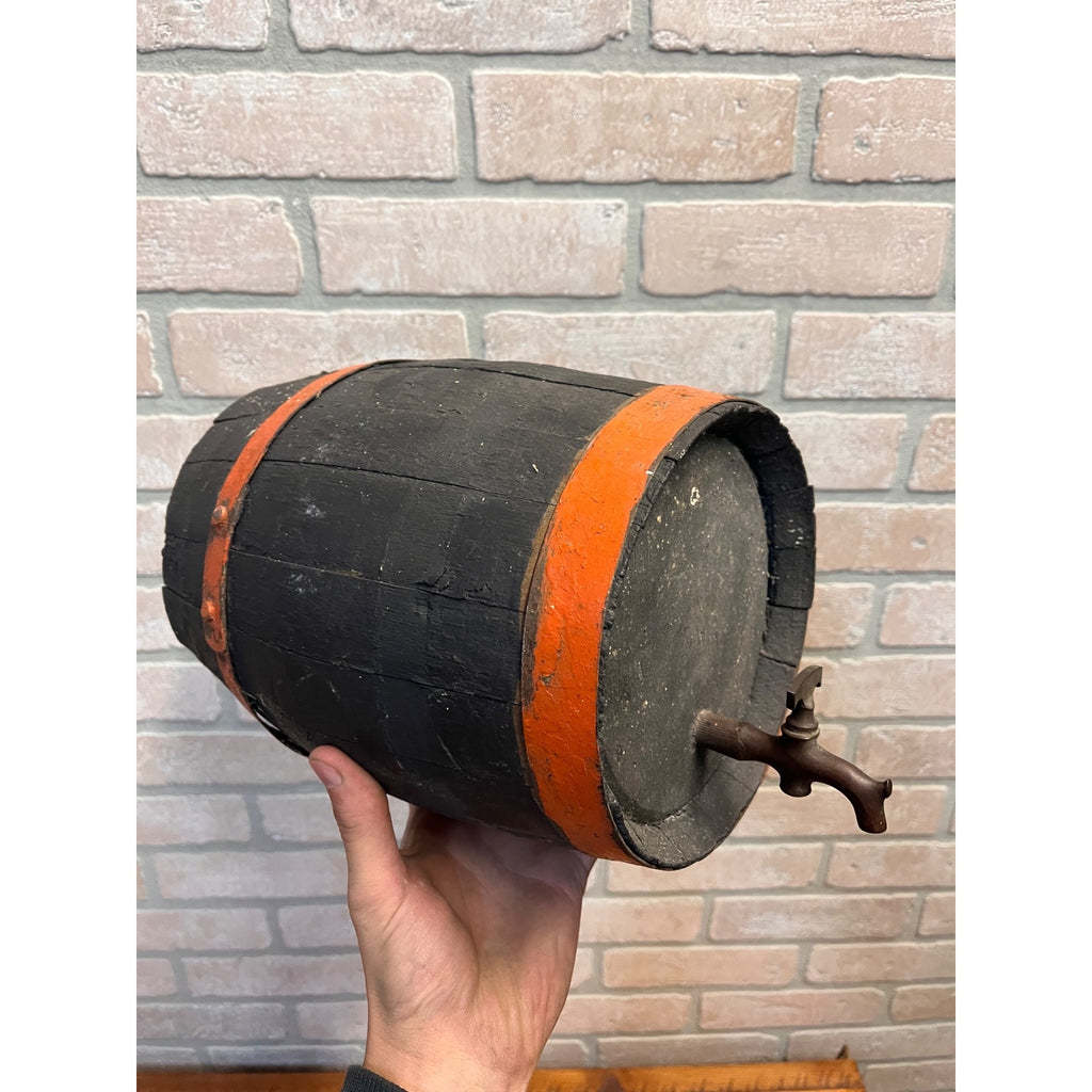 Pre-Prohibition Antique Miniature Wooden Keg Barrel w Brass Spigot Orange & Blue