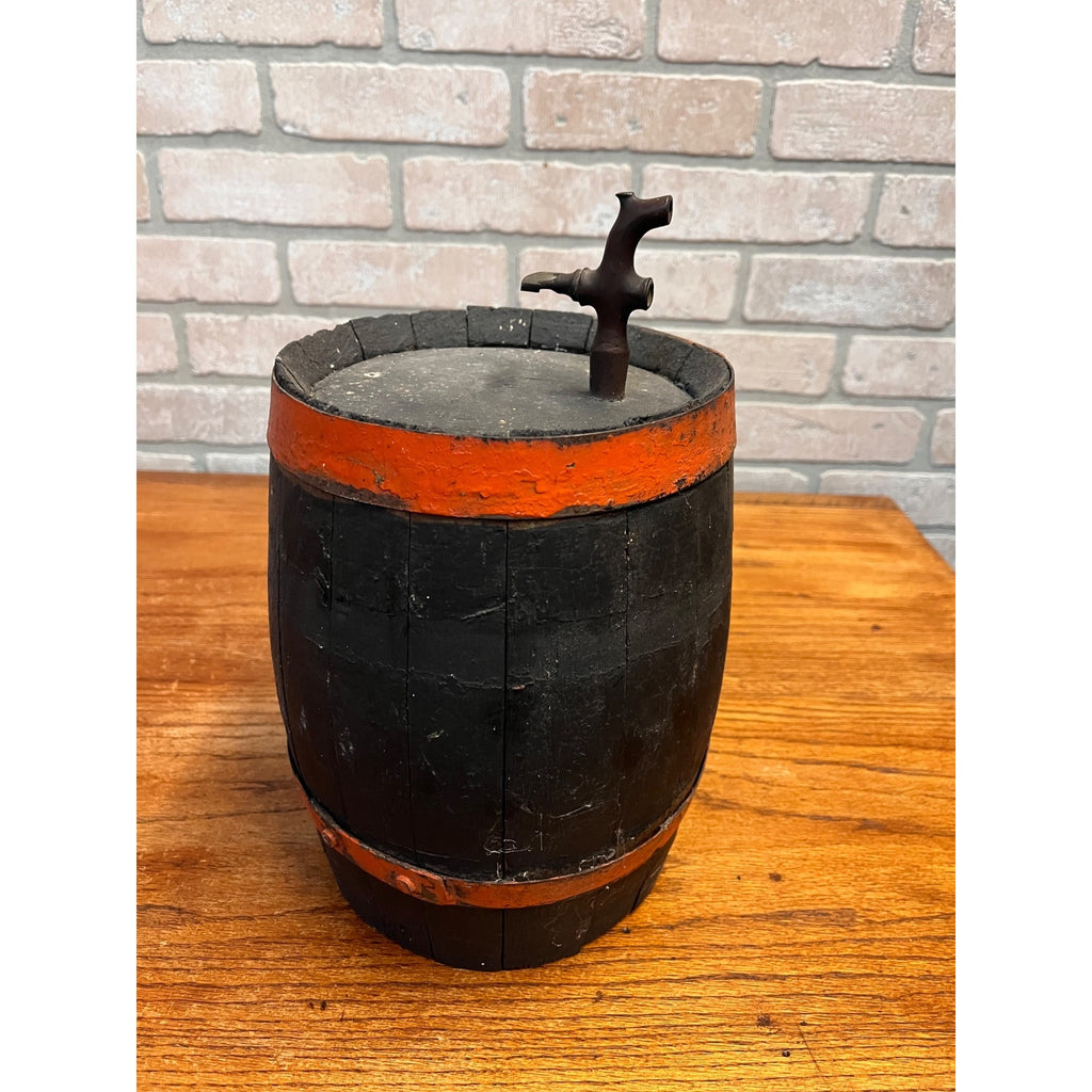 Pre-Prohibition Antique Miniature Wooden Keg Barrel w Brass Spigot Orange & Blue